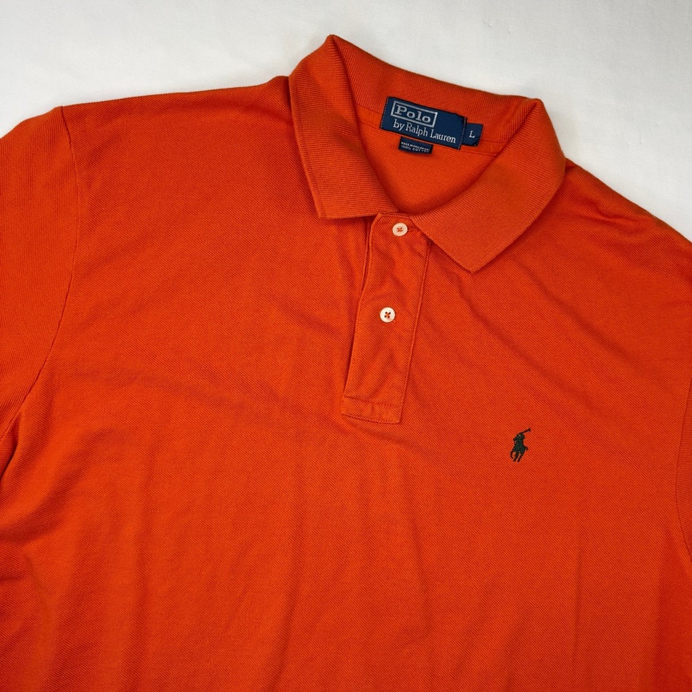 Polo Ralph Lauren Shirt Men's Large Orange Short Sleeve Green Pony Cotton Golf